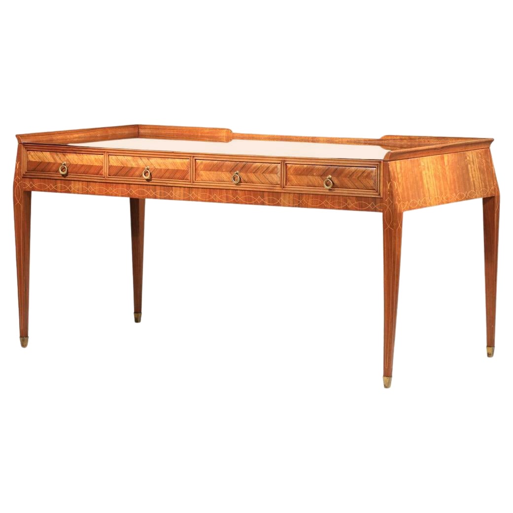 1960s Italian desk wood marquetry and glass slab, Paolo Buffa