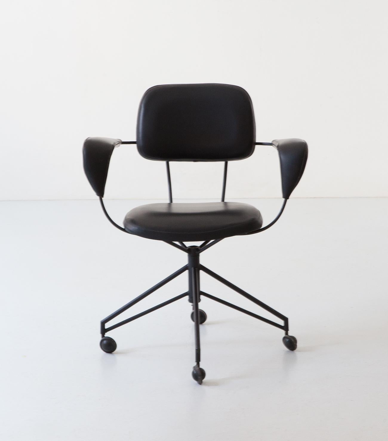 Faux Leather Italian Desk Chair in Black Metal and Leatherette by Gastone Rinaldi for Rima