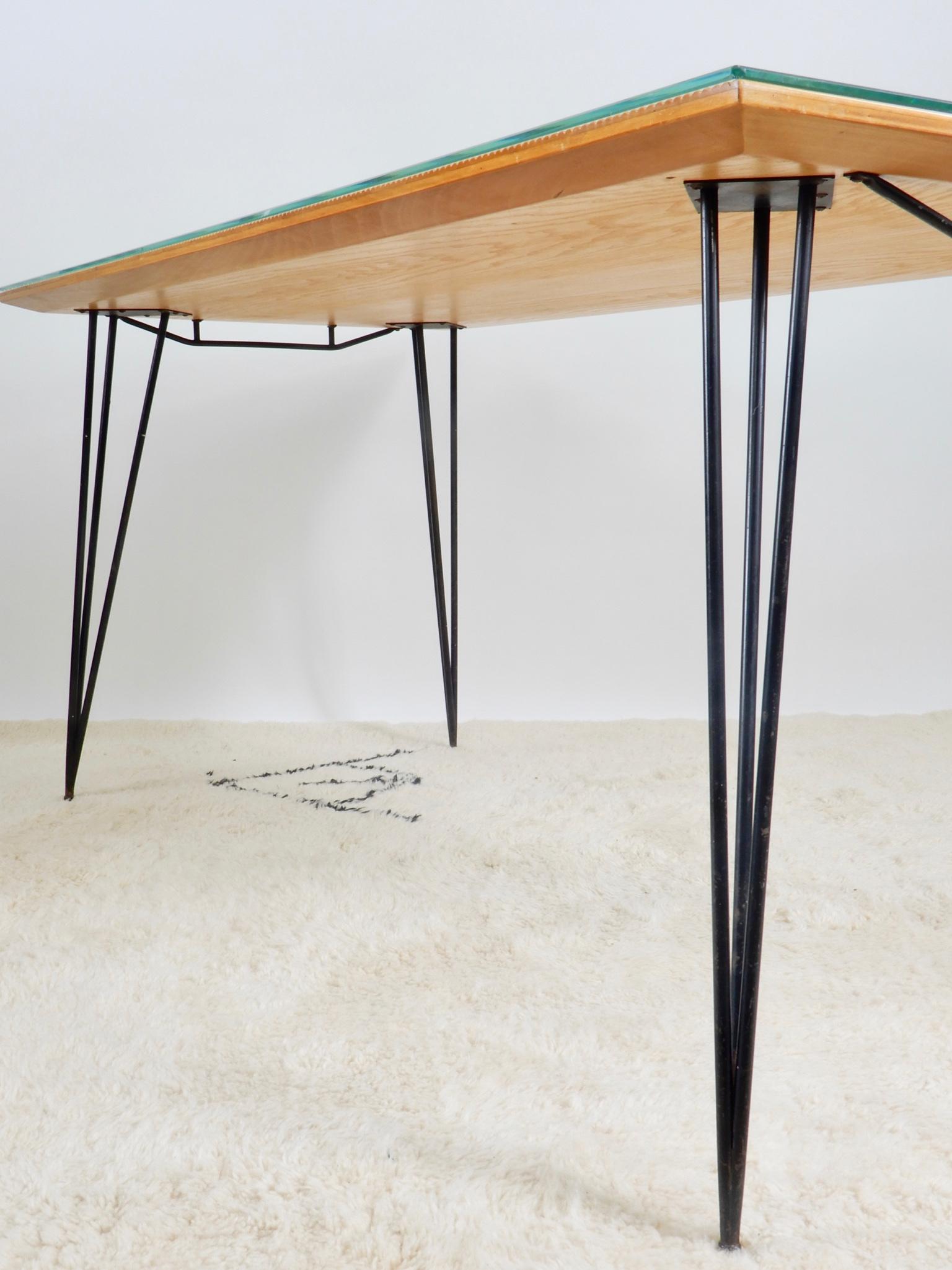 Italian Desk/ Dining Table with Wood Top and Black Metal Legs, 1950s 3