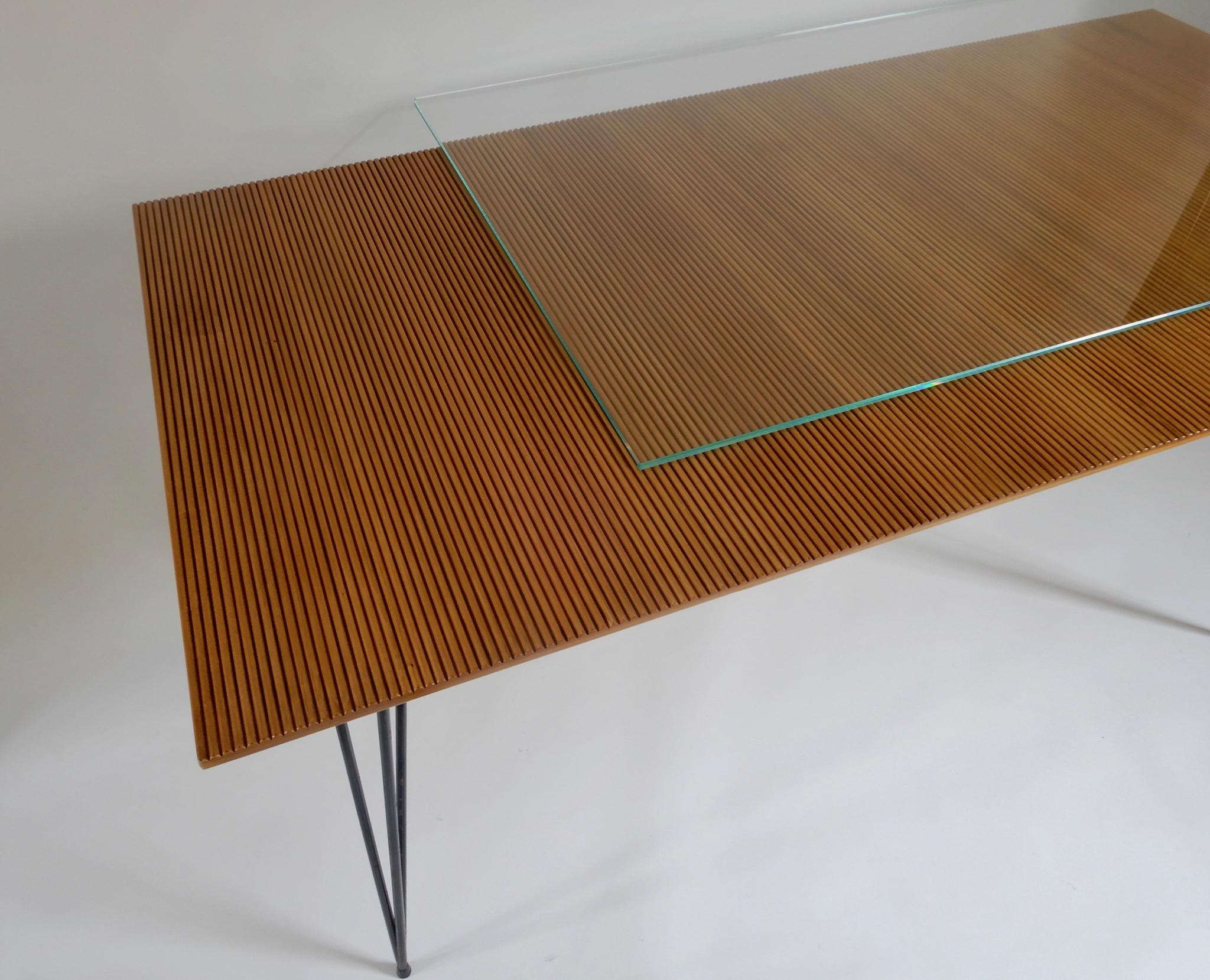 Minimalist Italian Desk/ Dining Table with Wood Top and Black Metal Legs, 1950s