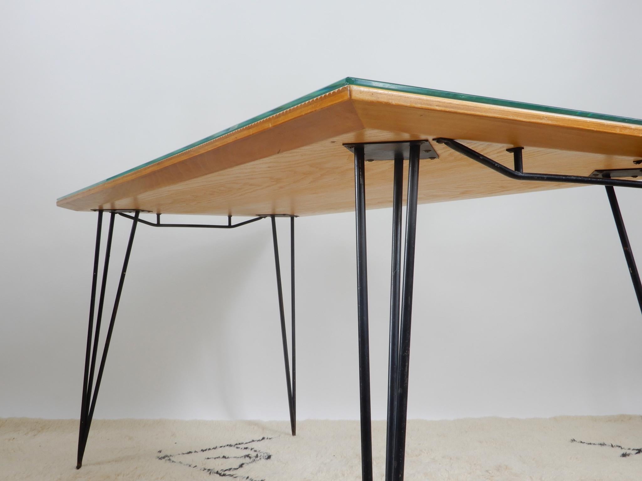 Italian Desk/ Dining Table with Wood Top and Black Metal Legs, 1950s 1