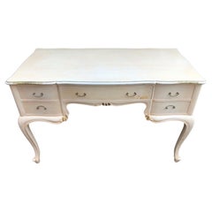 Italian Desk, Fir and Poplar, Used White Color, with Five Drawers