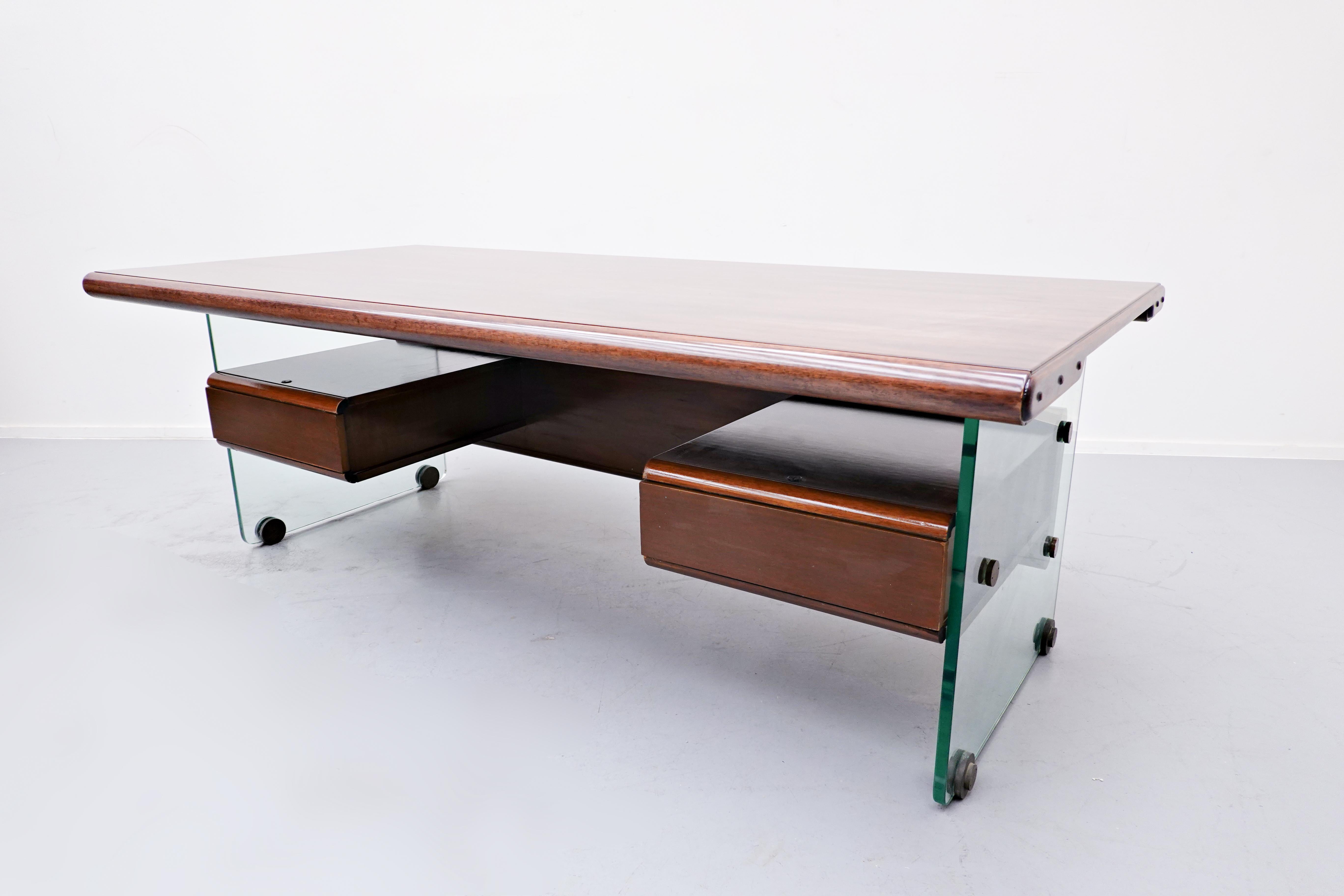 Mid-Century Modern Italian Desk, Glass, Bronze and Teak, 1970s 15