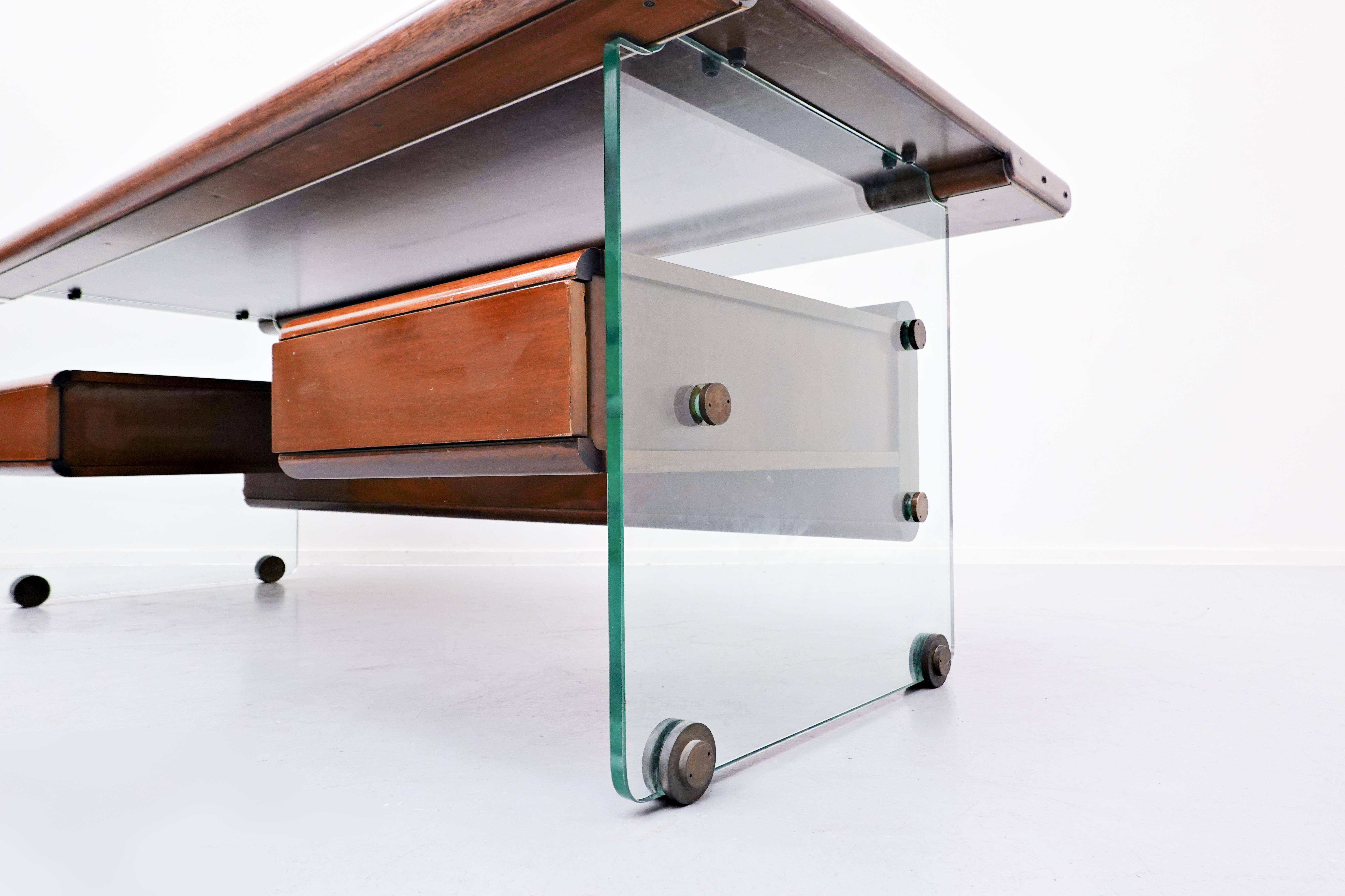 Late 20th Century Mid-Century Modern Italian Desk, Glass, Bronze and Teak, 1970s