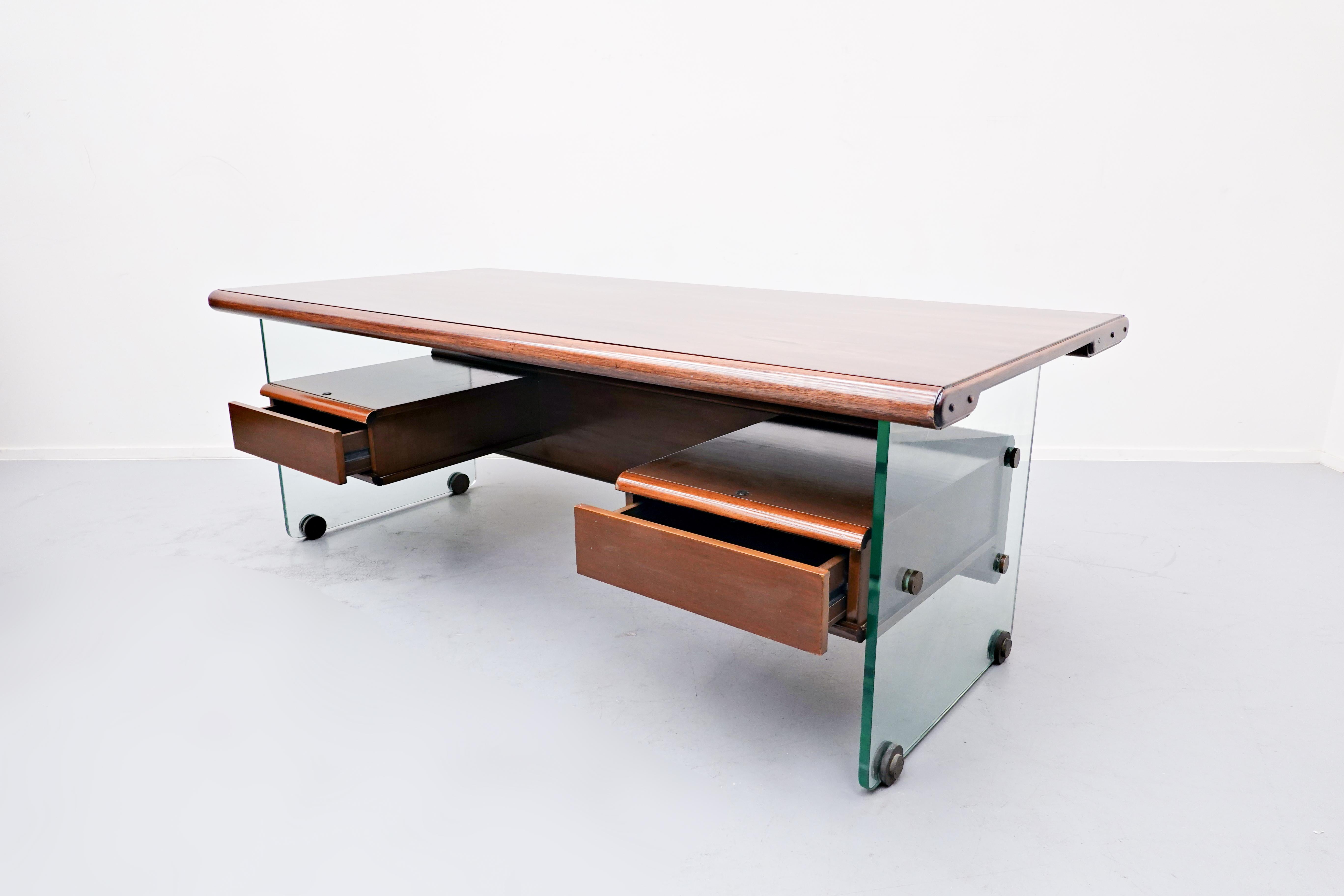 Mid-Century Modern Italian Desk, Glass, Bronze and Teak, 1970s 6