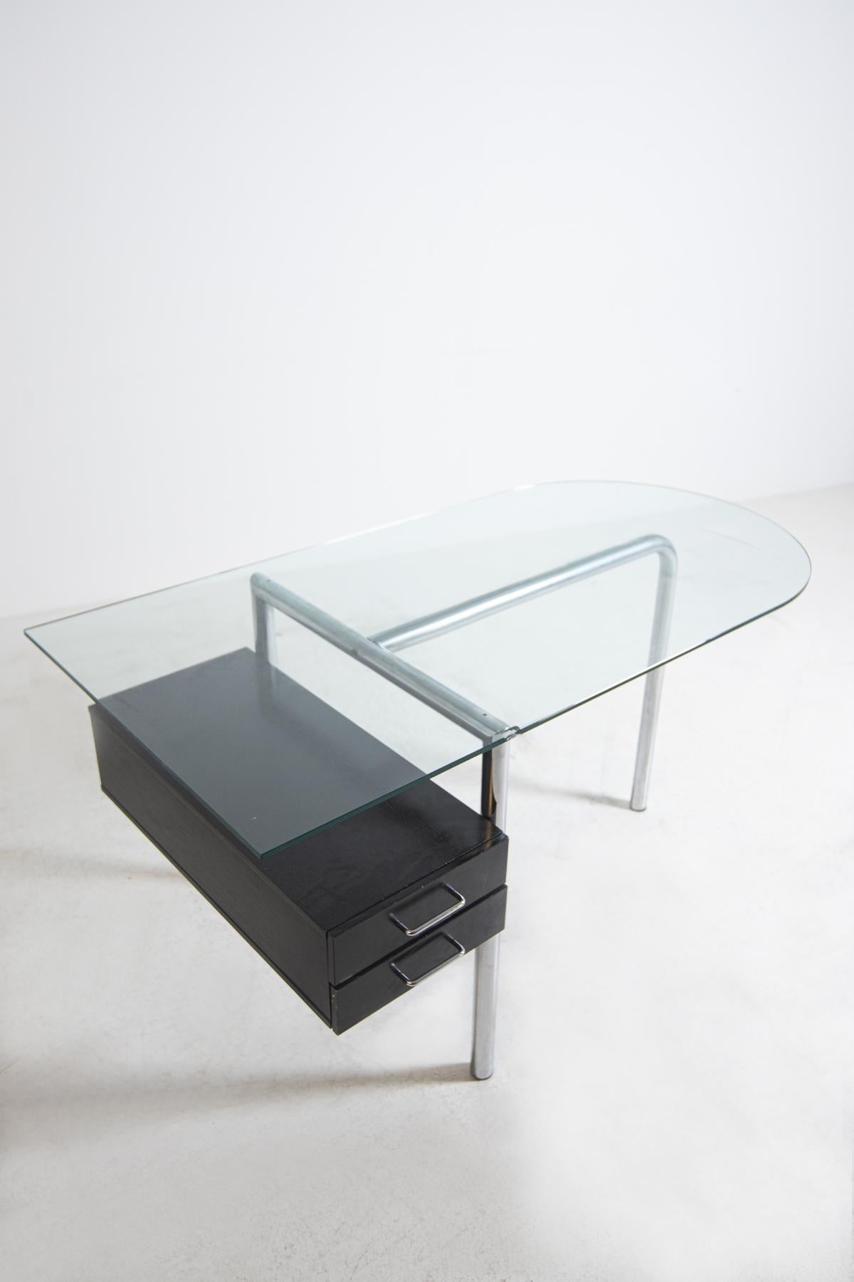 Italian Desk in Steel and Glass and Black Wood, 1970s In Good Condition In Milano, IT