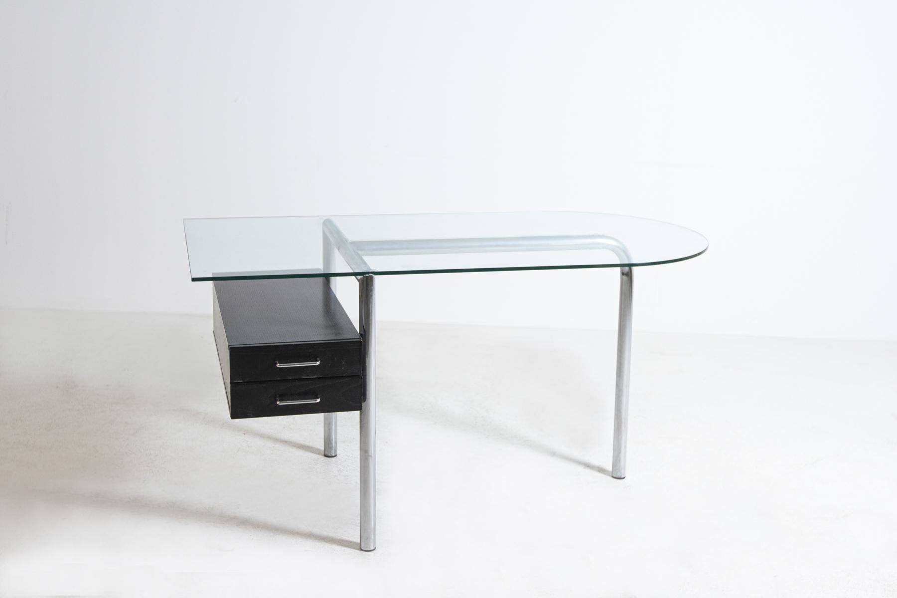 Italian Desk in Steel and Glass and Black Wood, 1970s 2