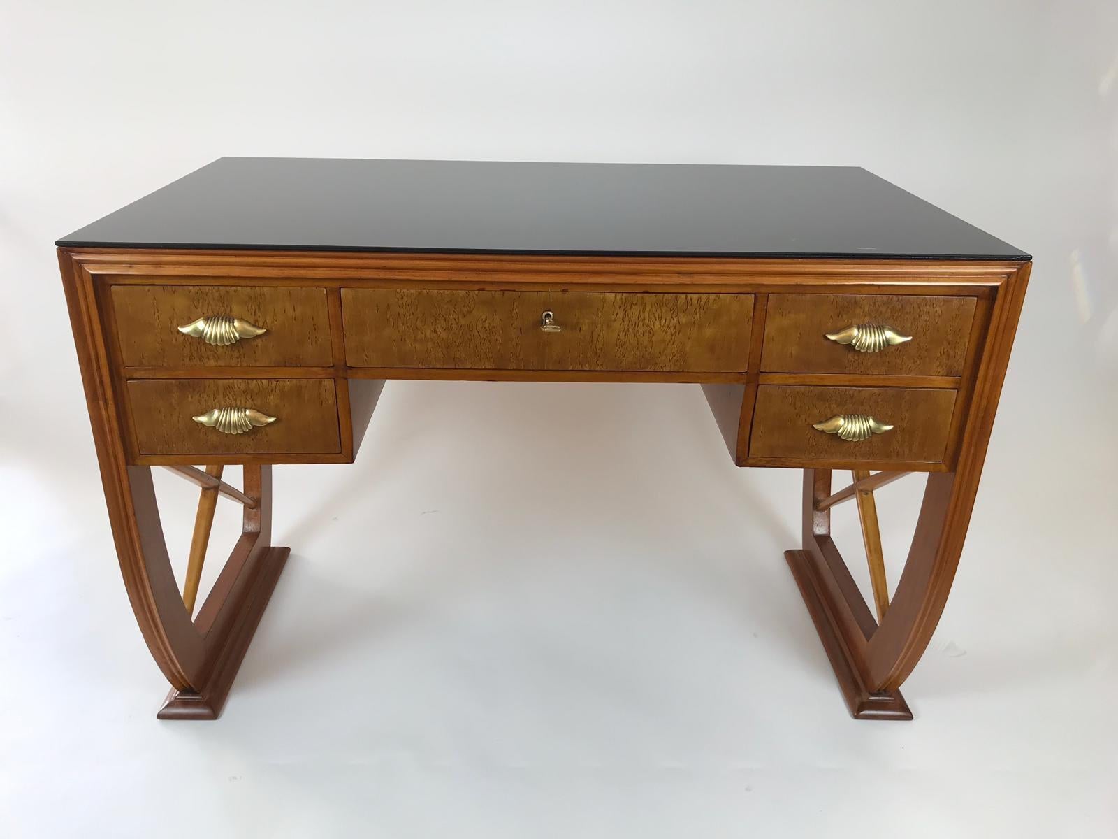 Italian Desk in Wood with a Black Glass Top Attributed to Paolo Buffa 2