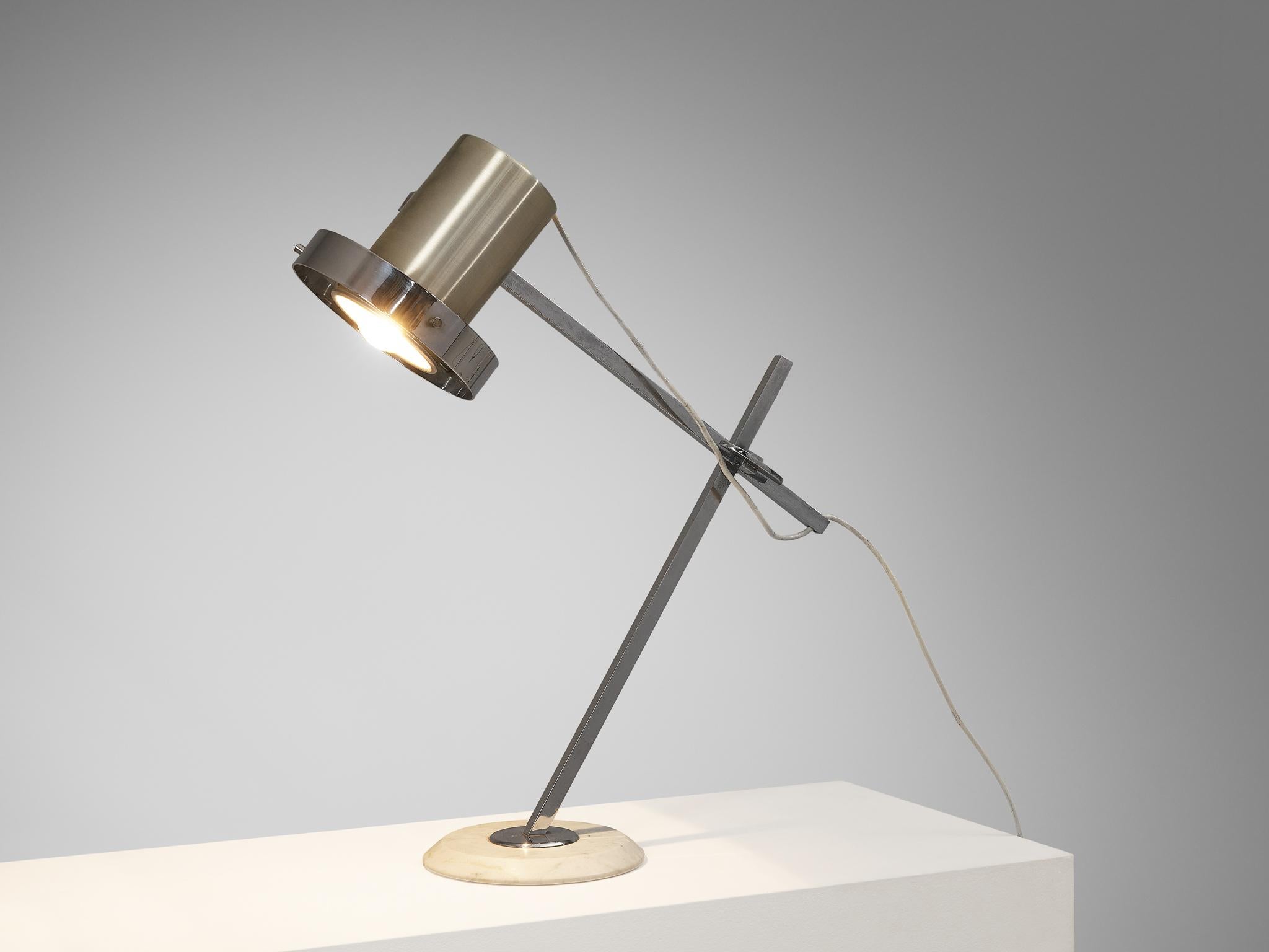 Desk lamp, brushed aluminum, chrome-plated aluminum, Carrara marble, Italy, 1960s

This industrial table lamp is of Italian origin created around the 60s. The designer prioritized practicality and utility combined with a simple layout. The position
