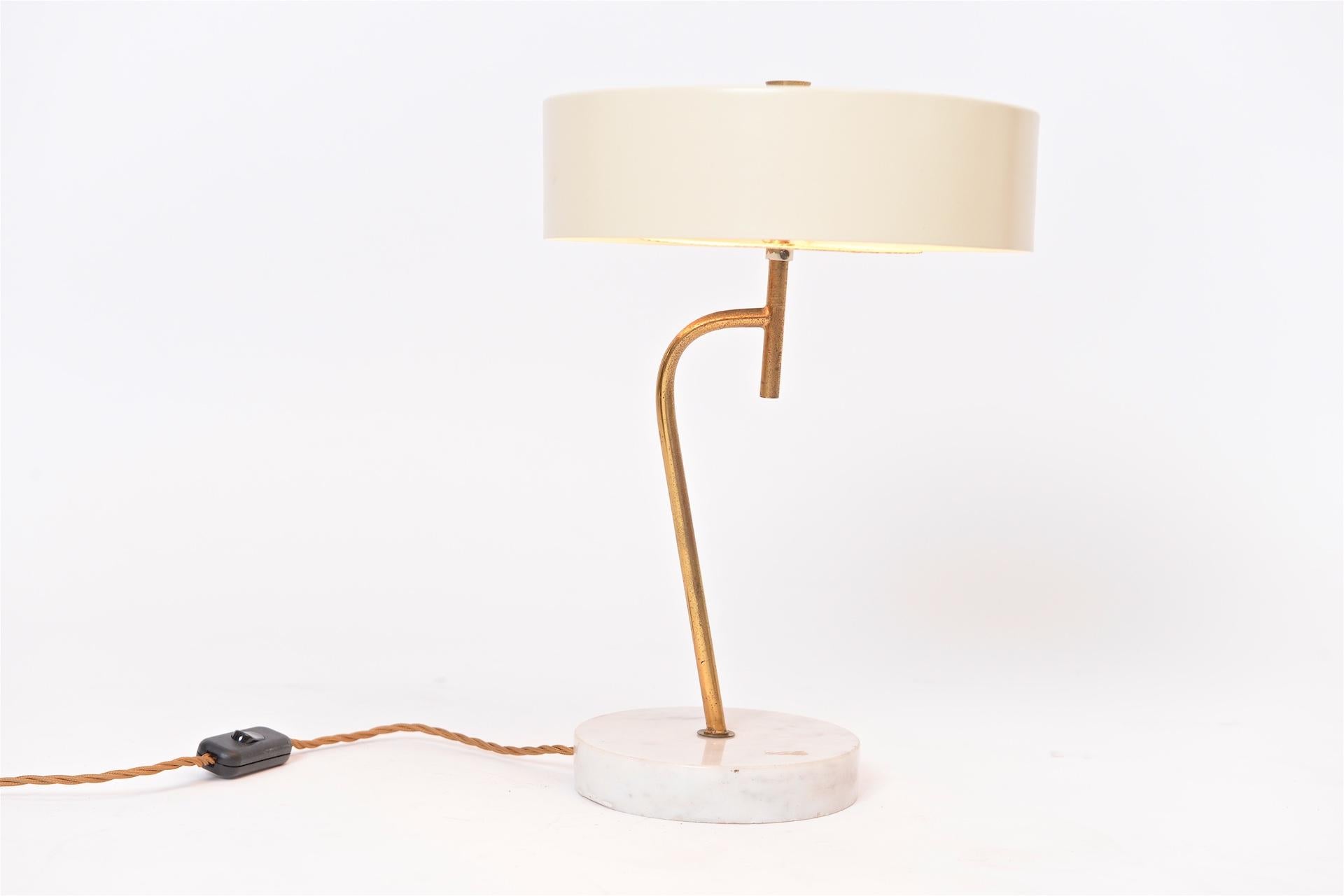 Nice quality Italian desk lamp, circa 1960
Cream shade with marble base and brass details, re wired
Designer and maker unknown but maybe Arredoluce or Lumi.