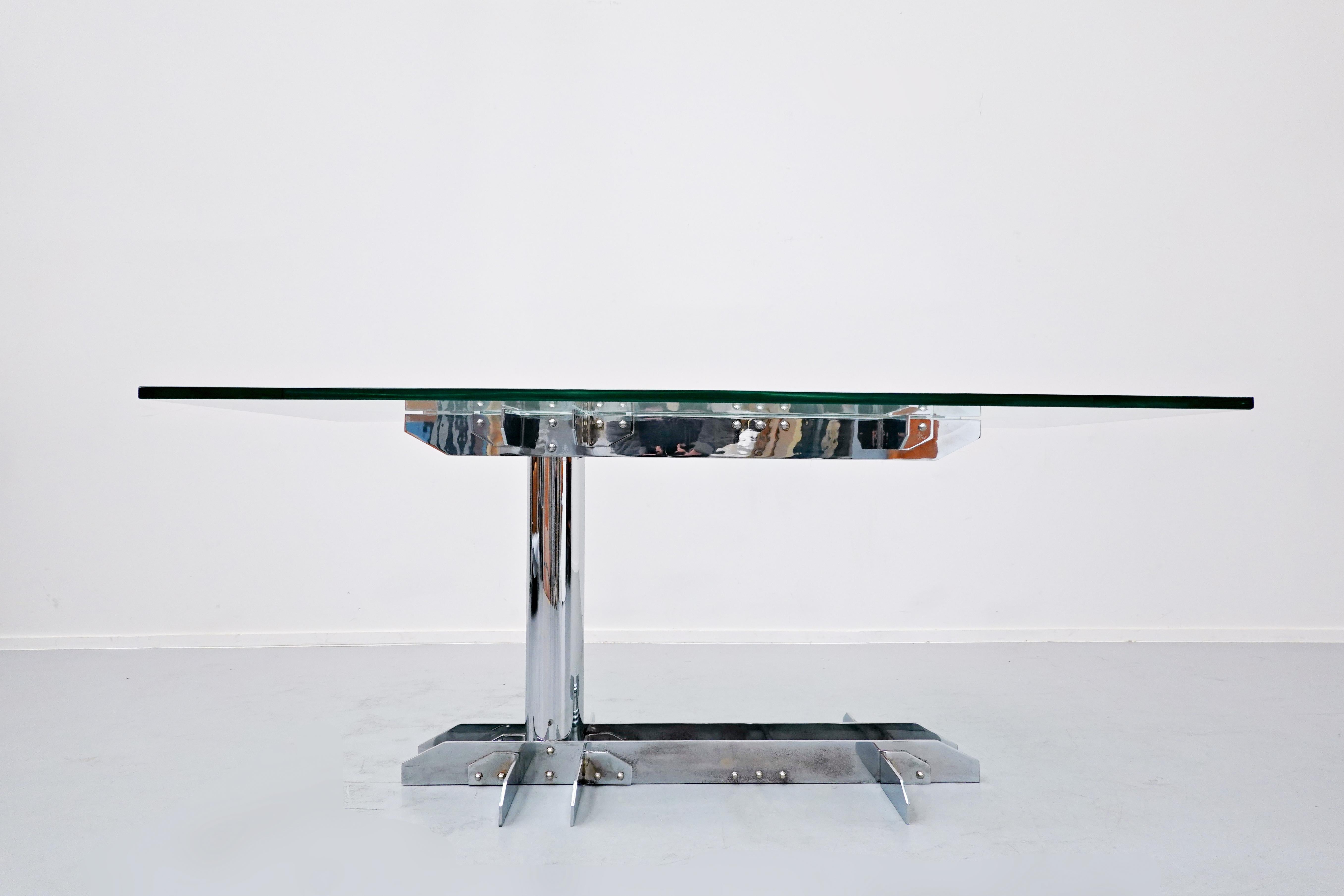 Italian desk table, steel and glass, 1970s.