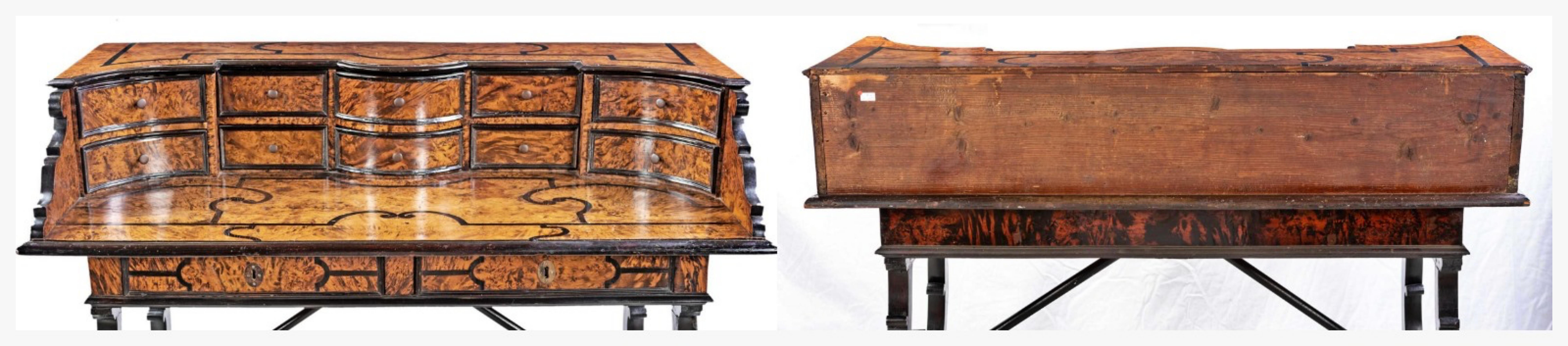 Hand-Crafted Italian Desk Veneered in Walnut Briar, Lombardy, 17th Century