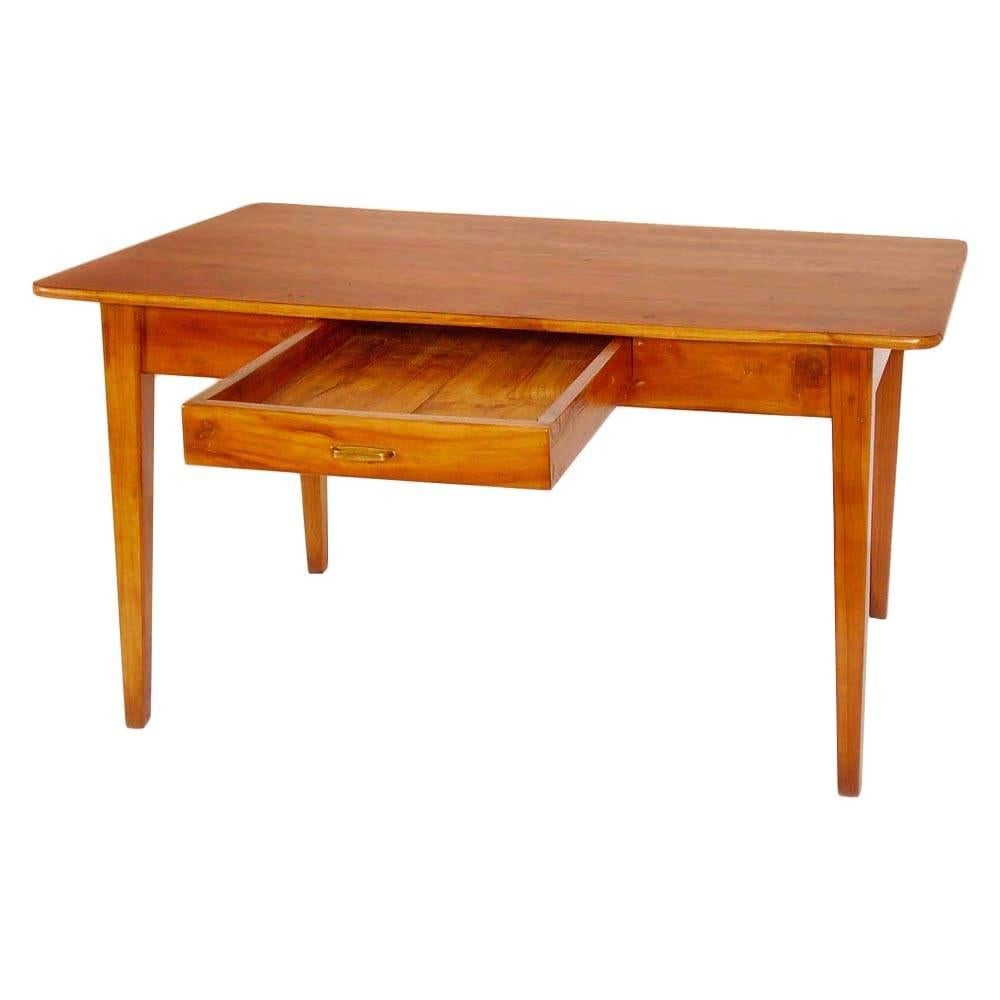 Late 19th-early 20th century Italian writing desk with drawer all solid cherrywood, restored and wax-polished.

Wonderful writing table in solid cherrywood, original and restored. It is characterized by its large drawer, with a gold brass handle,