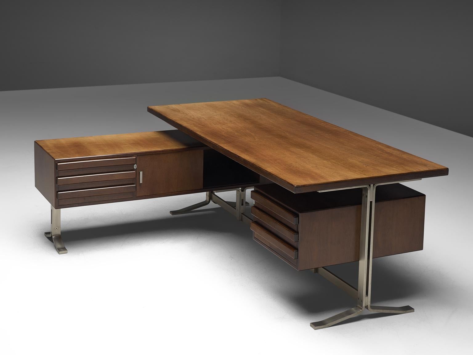 Mid-Century Modern Italian Desk with Retour in Walnut and Metal