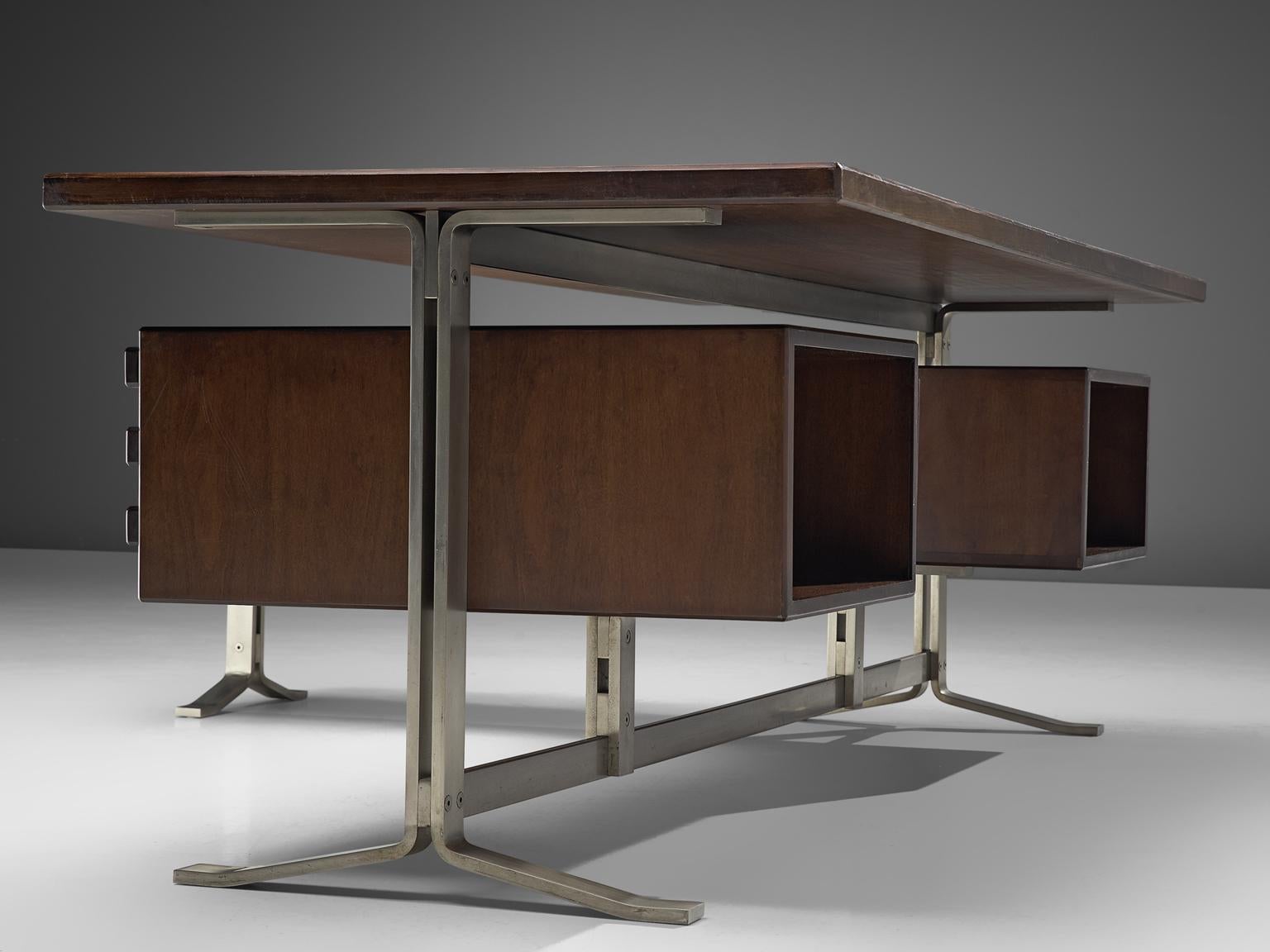 Mid-20th Century Italian Desk with Retour in Walnut and Metal