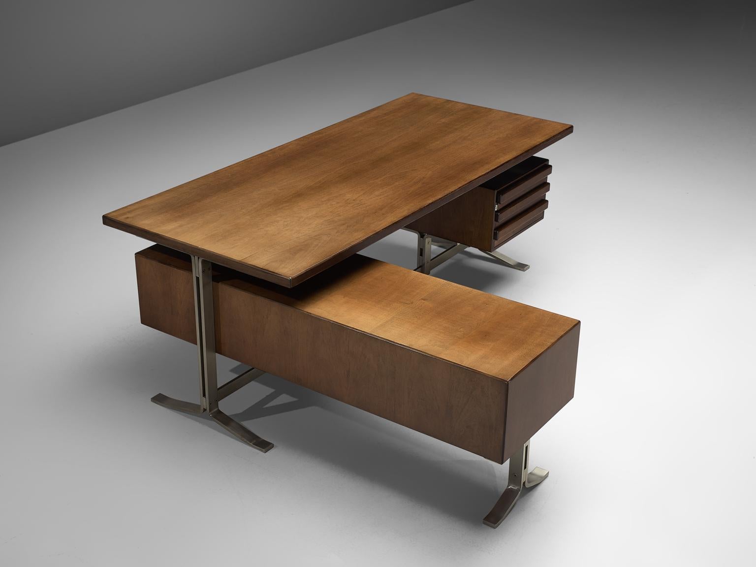 Italian Desk with Retour in Walnut and Metal 3