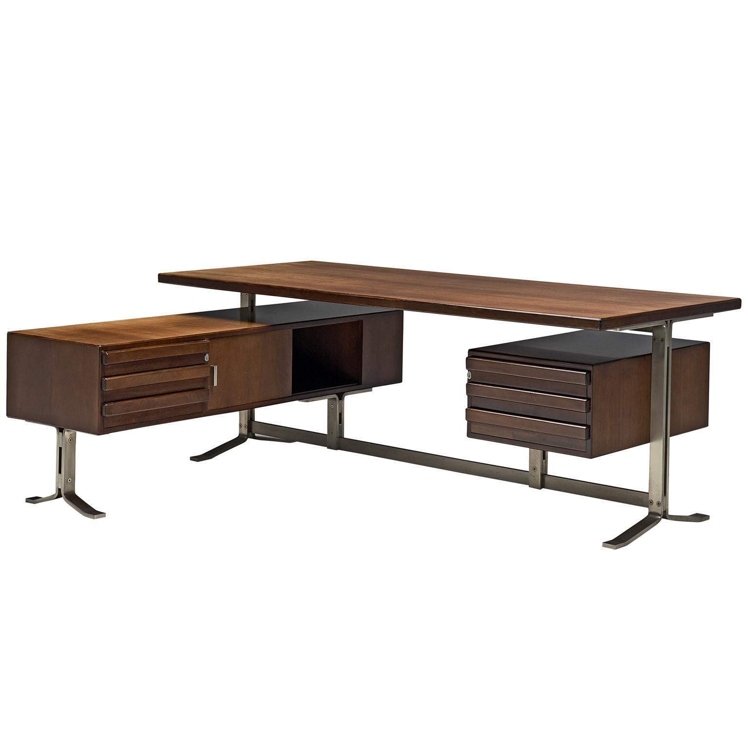 Italian Desk with Retour in Walnut and Metal