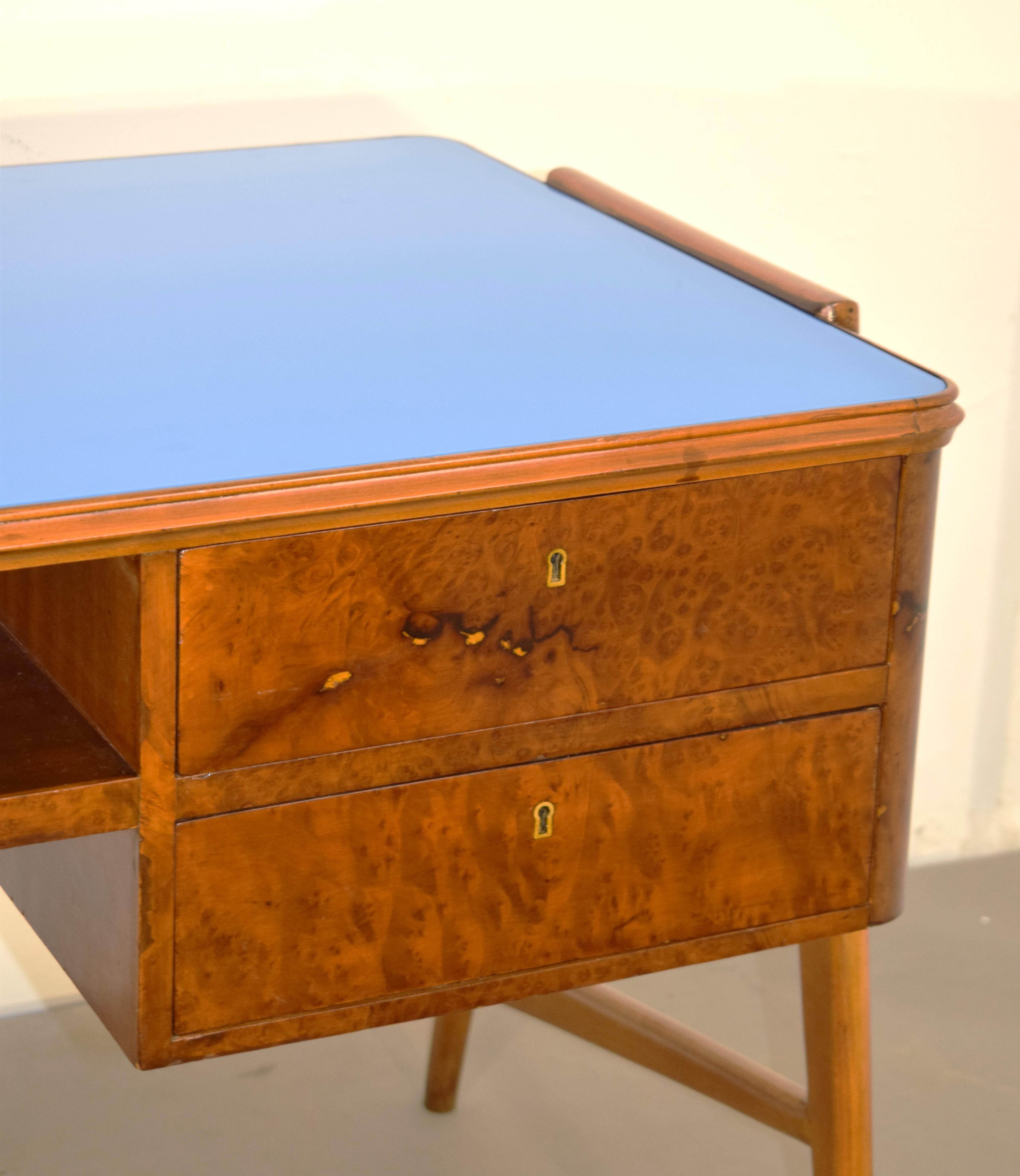 Mid-Century Modern Italian desk, wood and colored glass, 1950s For Sale