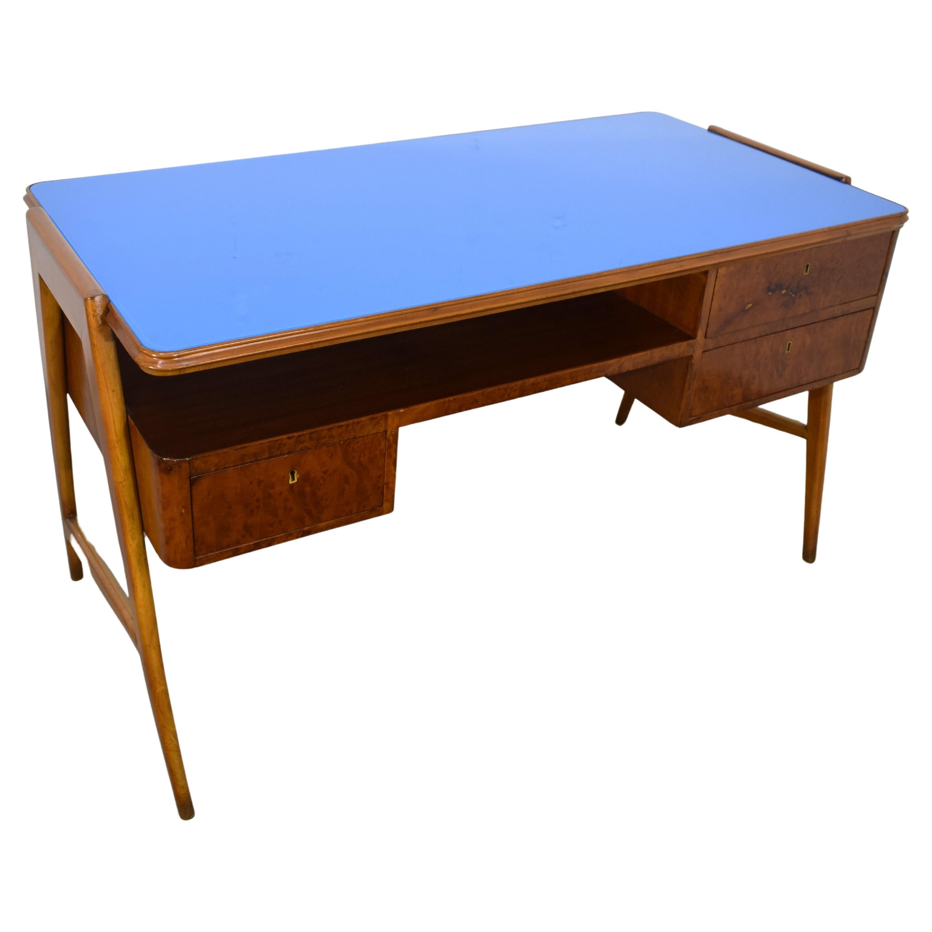 Italian desk, wood and colored glass, 1950s For Sale