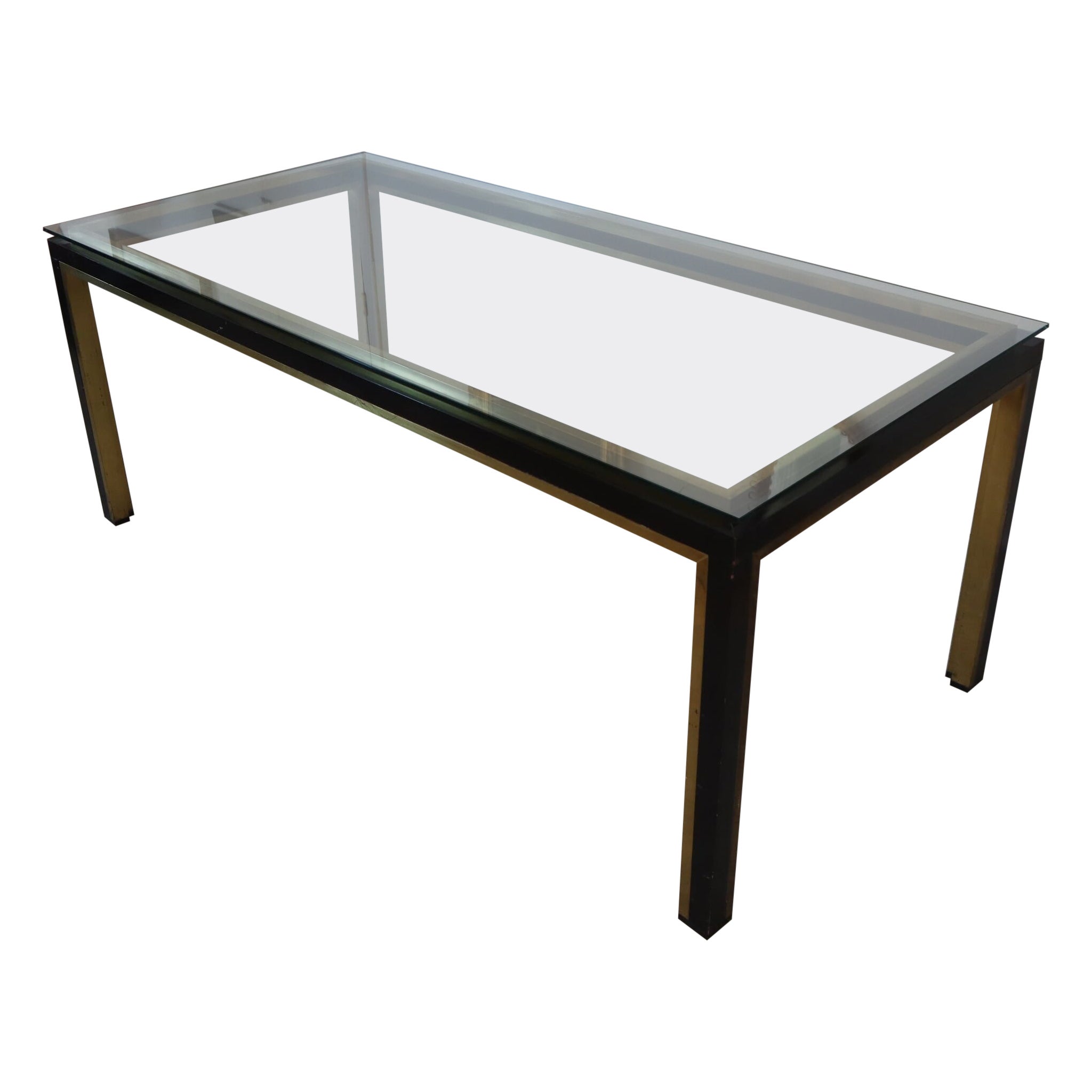 Italian desk writing table glass top metal brass structure by Romeo Rega 1970 For Sale