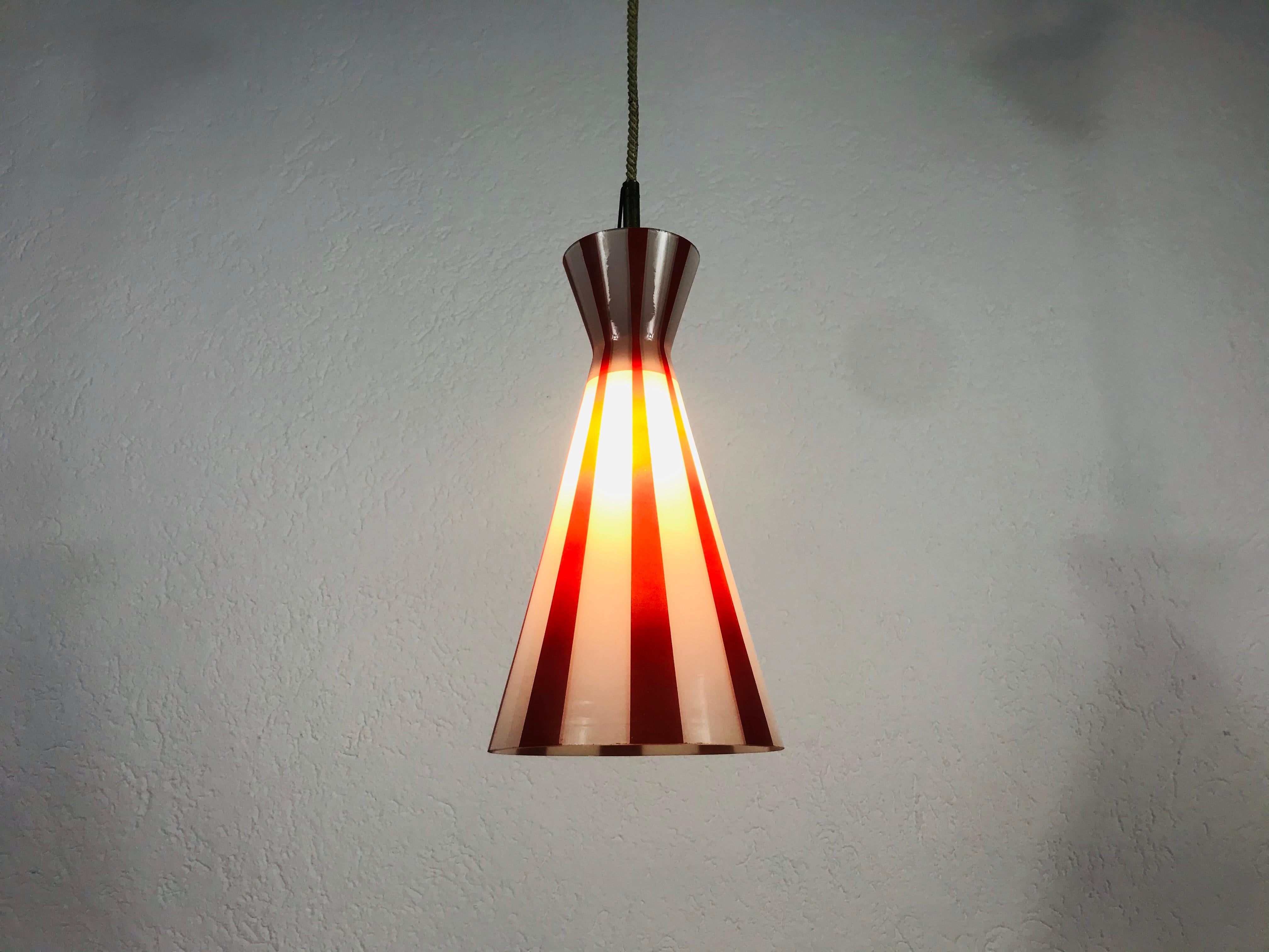Brass Italian Diabolo Red and White Glass Hanging Lamp, 1950s, Italy