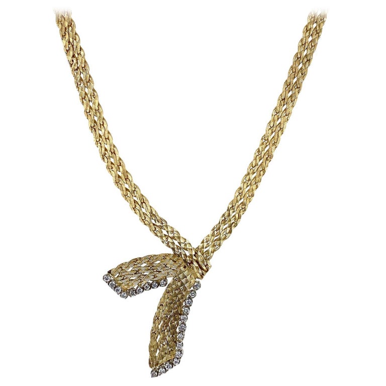 Italian Diamond 18 Karat Yellow Gold Flat Link Ribbon Estate Necklace ...