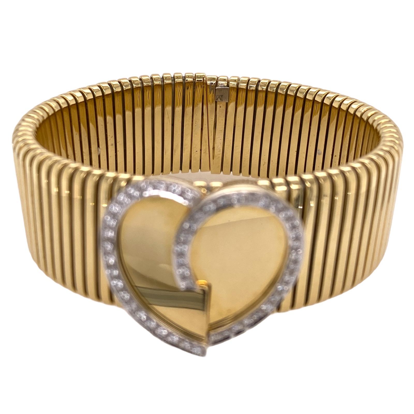 Modern Italian Diamond 18 Karat Yellow Gold Vintage Heart Cuff Bangle Bracelet
