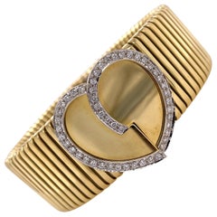 Italian Diamond 18 Karat Yellow Gold Vintage Heart Cuff Bangle Bracelet