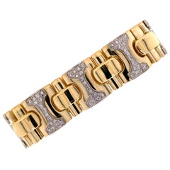 Italian Diamond 18 Karat Yellow Gold Wide Link Vintage Estate Bracelet