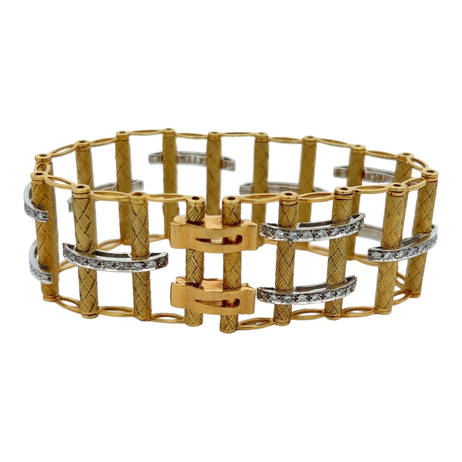 Italian Diamond 18 Karat Yellow & White Gold Ladder Style Link Bracelet Modern For Sale 1