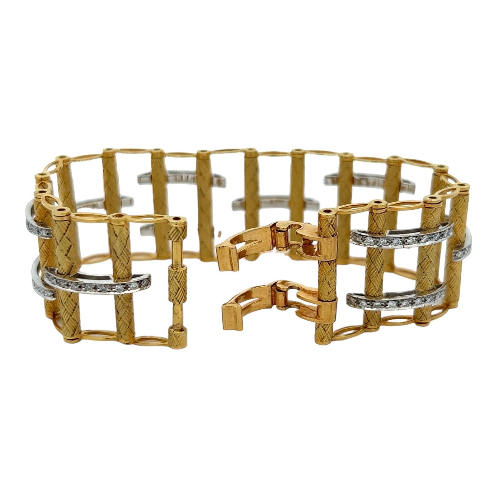 Italian Diamond 18 Karat Yellow & White Gold Ladder Style Link Bracelet Modern For Sale 2