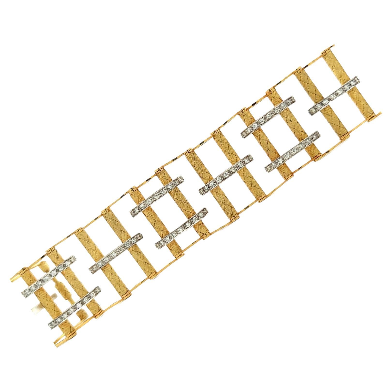 Italian Diamond 18 Karat Yellow & White Gold Ladder Style Link Bracelet Modern For Sale