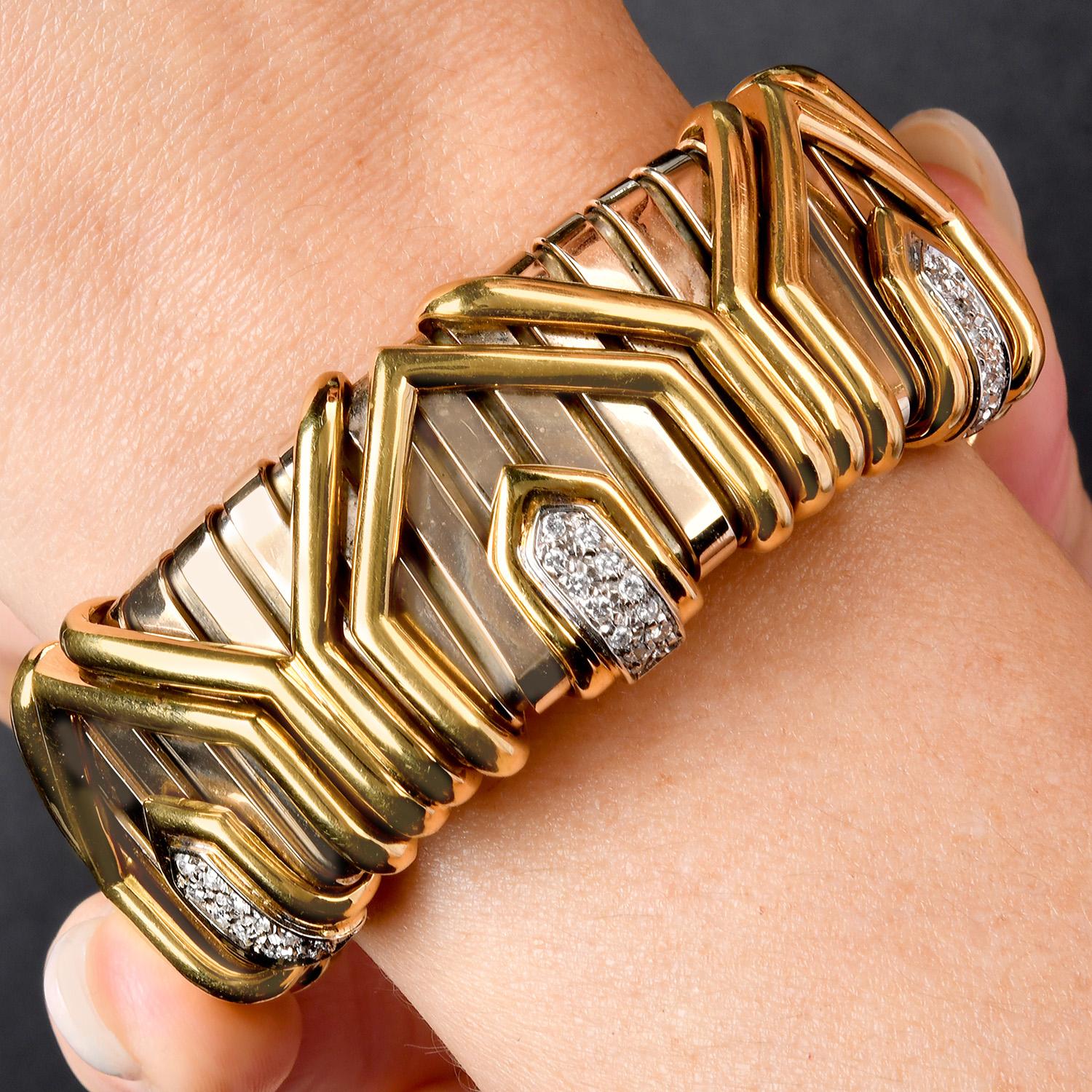 Modern Italian Diamond 18K Gold Statement Wide Tubogas Bracelet