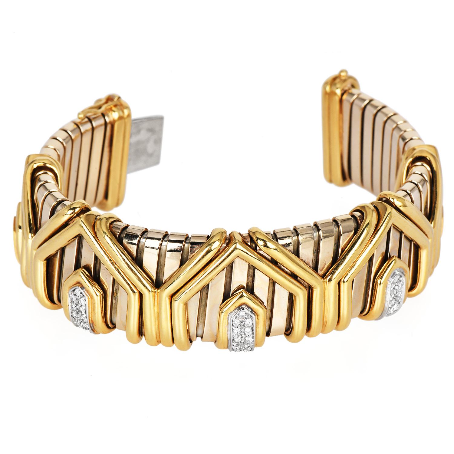 Round Cut Italian Diamond 18K Gold Statement Wide Tubogas Bracelet