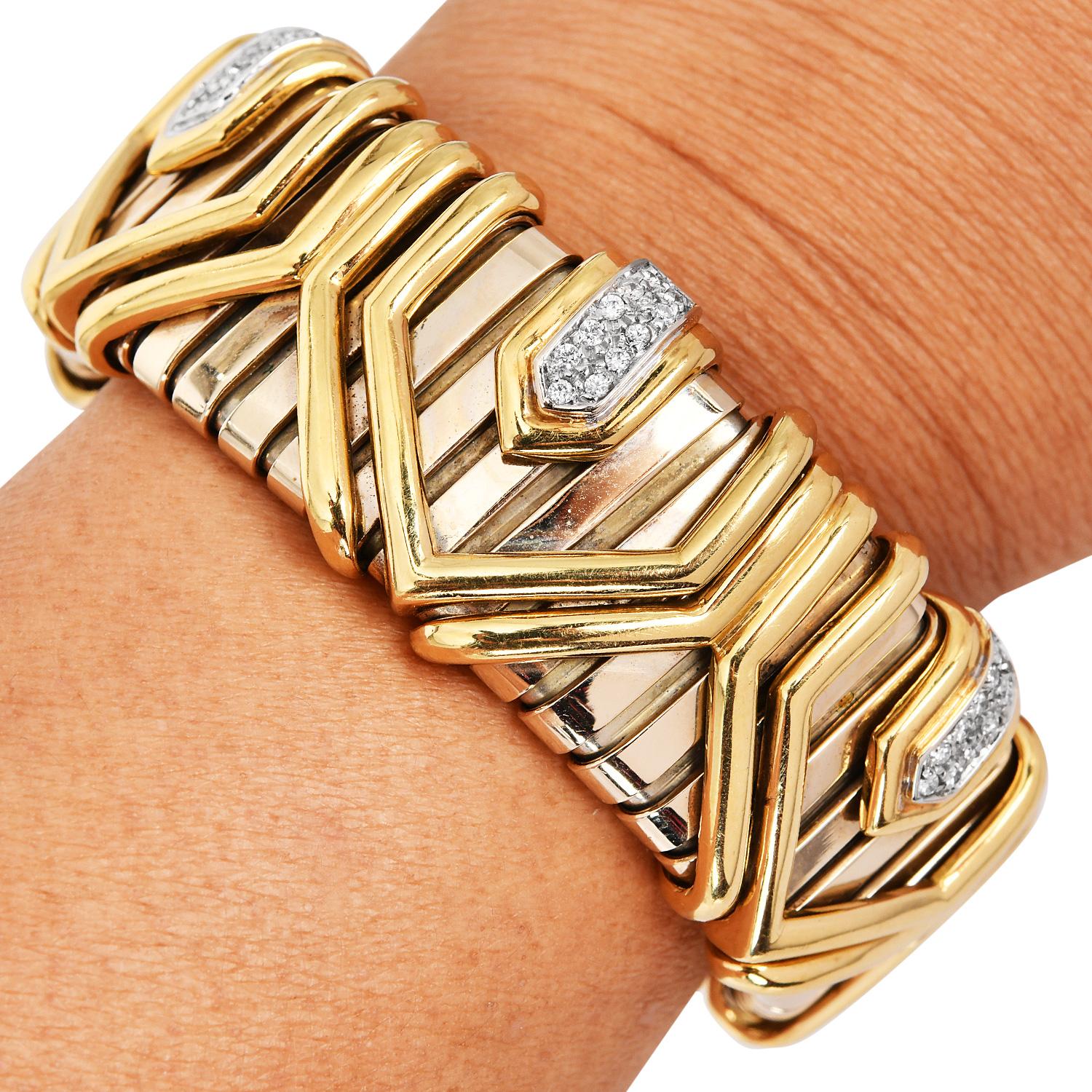 Italian Diamond 18K Gold Statement Wide Tubogas Bracelet 1
