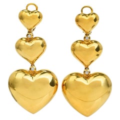 Italian Diamond 18K Yellow Gold Polished Large Heart Dangle Drop Earrings