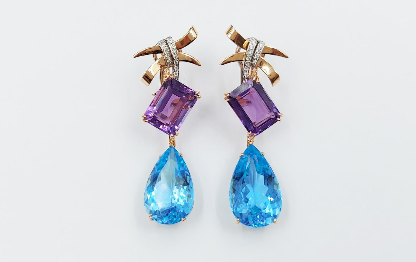 Contemporary Italian Diamond Amethyst Blue Topaz 18 Carats Yellow Gold Drop Earrings For Sale