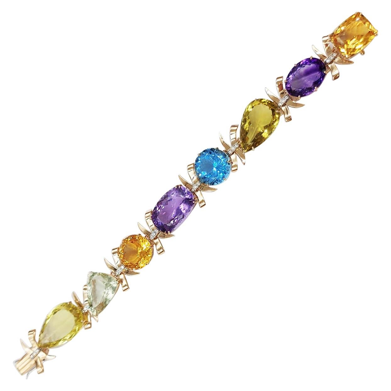 Bracelet italien en or jaune 18 carats avec diamants, améthyste, topaze et quartz