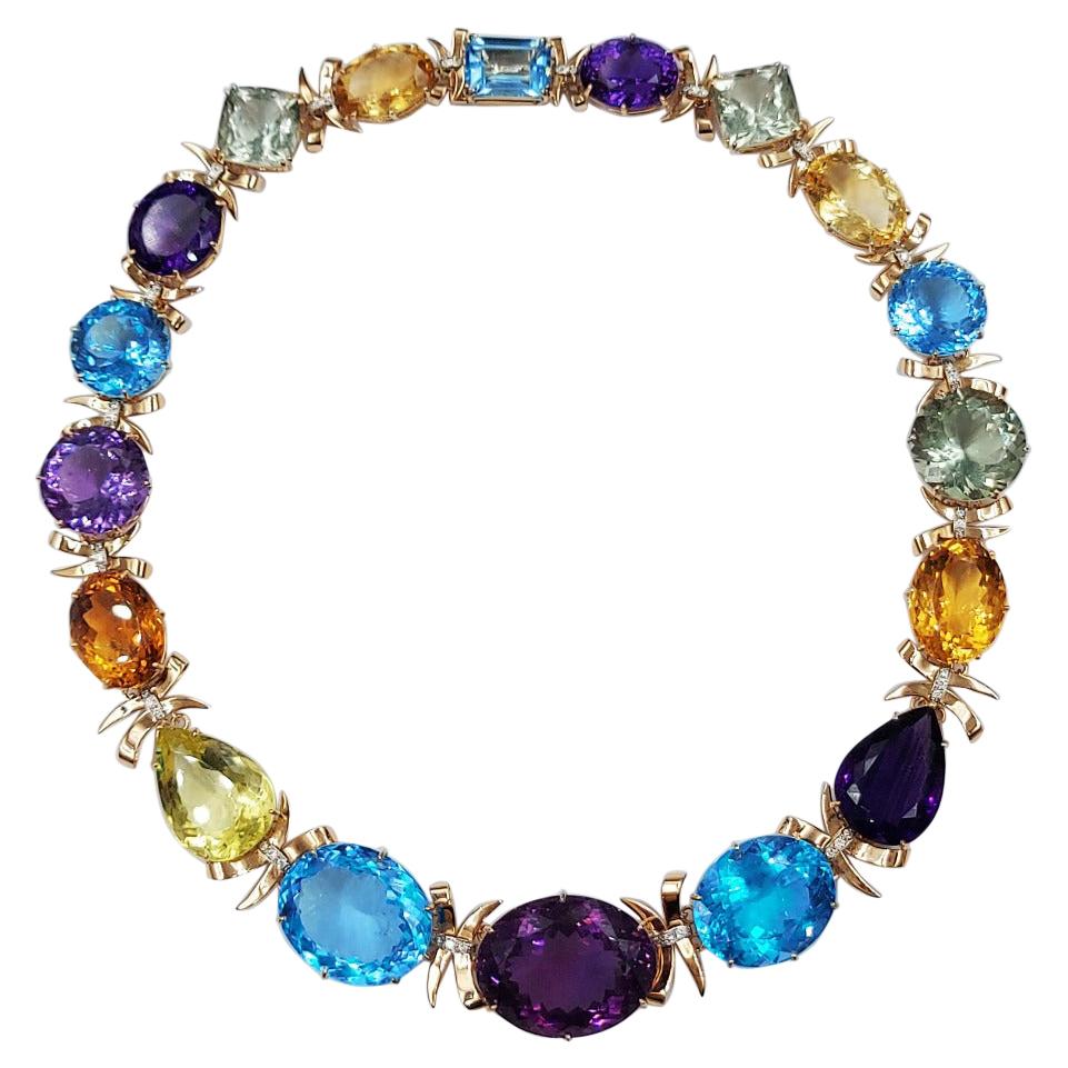 Italienische Diamant- Amethyst-Topas-Quarz-Halskette aus 18 Karat Gelbgold