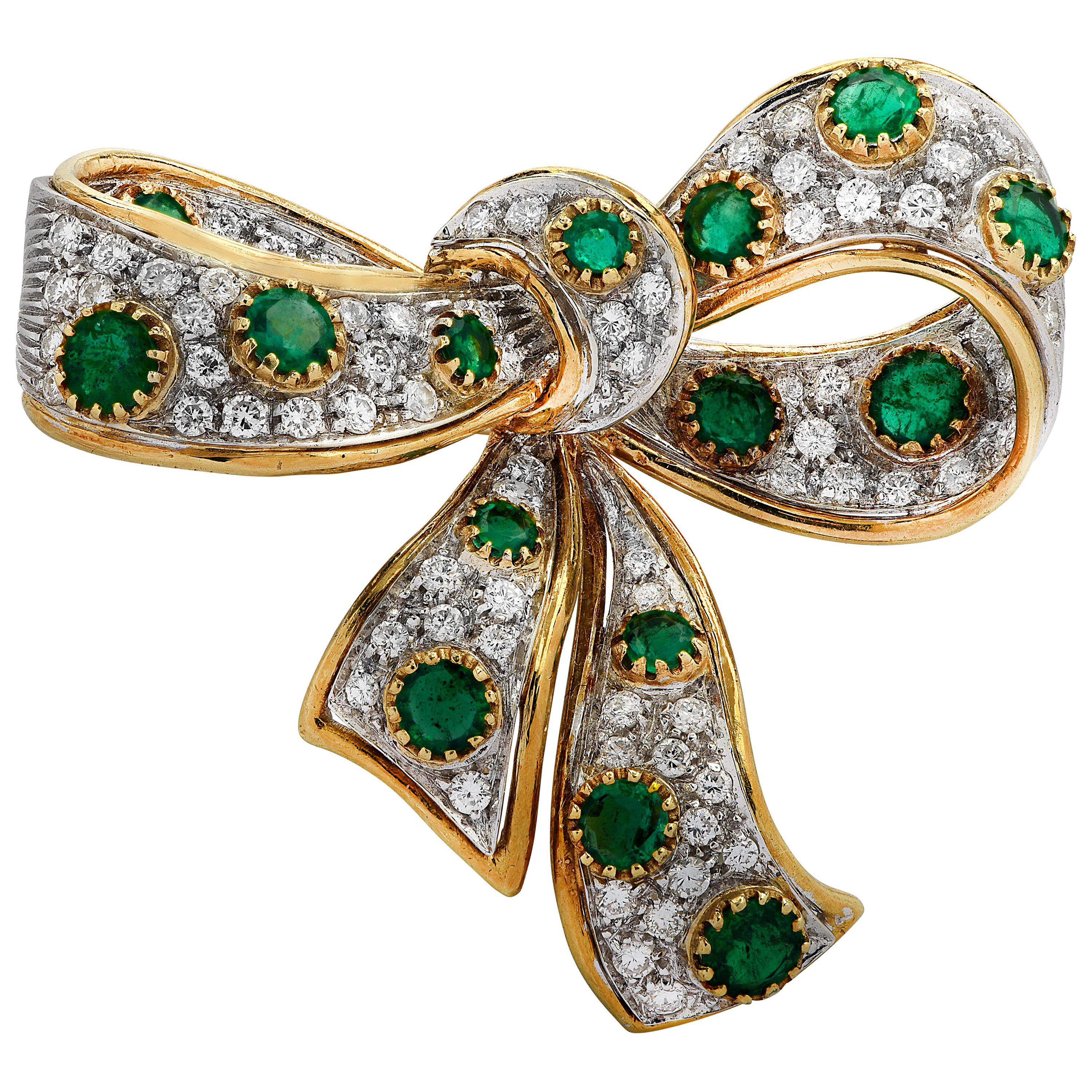 Italian Diamond and Emerald Bow Brooch Pin