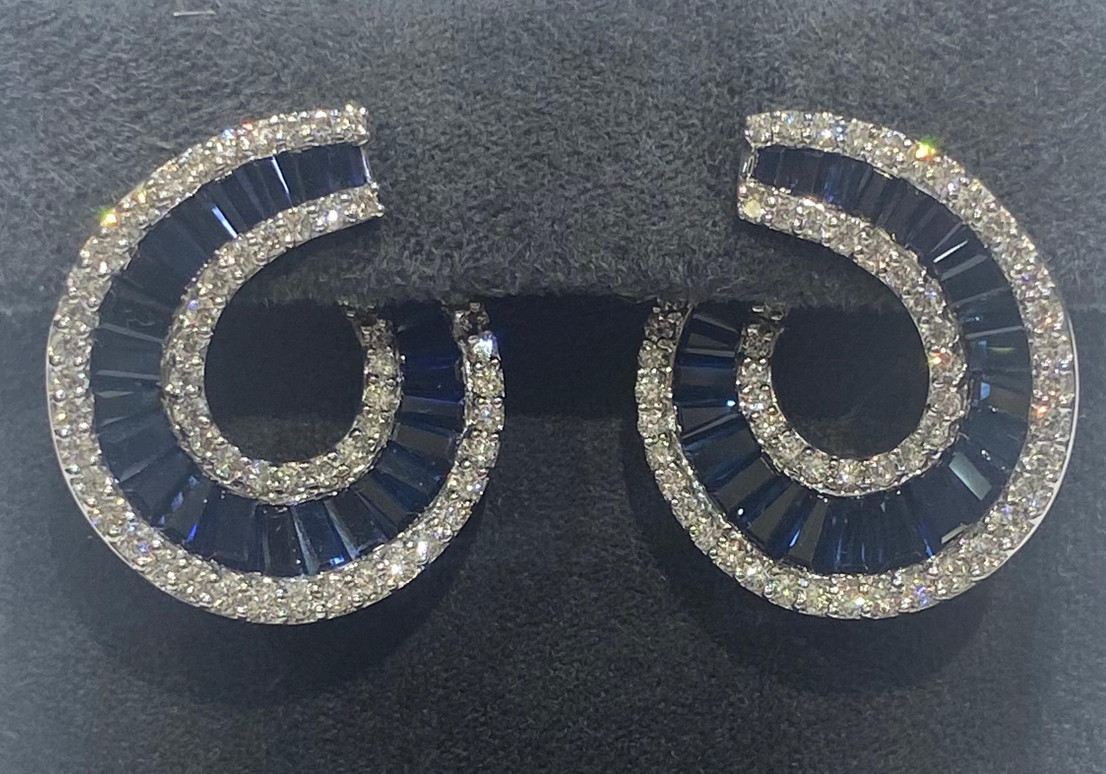 Italian Diamond and Sapphire Swirl Earrings In Excellent Condition For Sale In London, GB