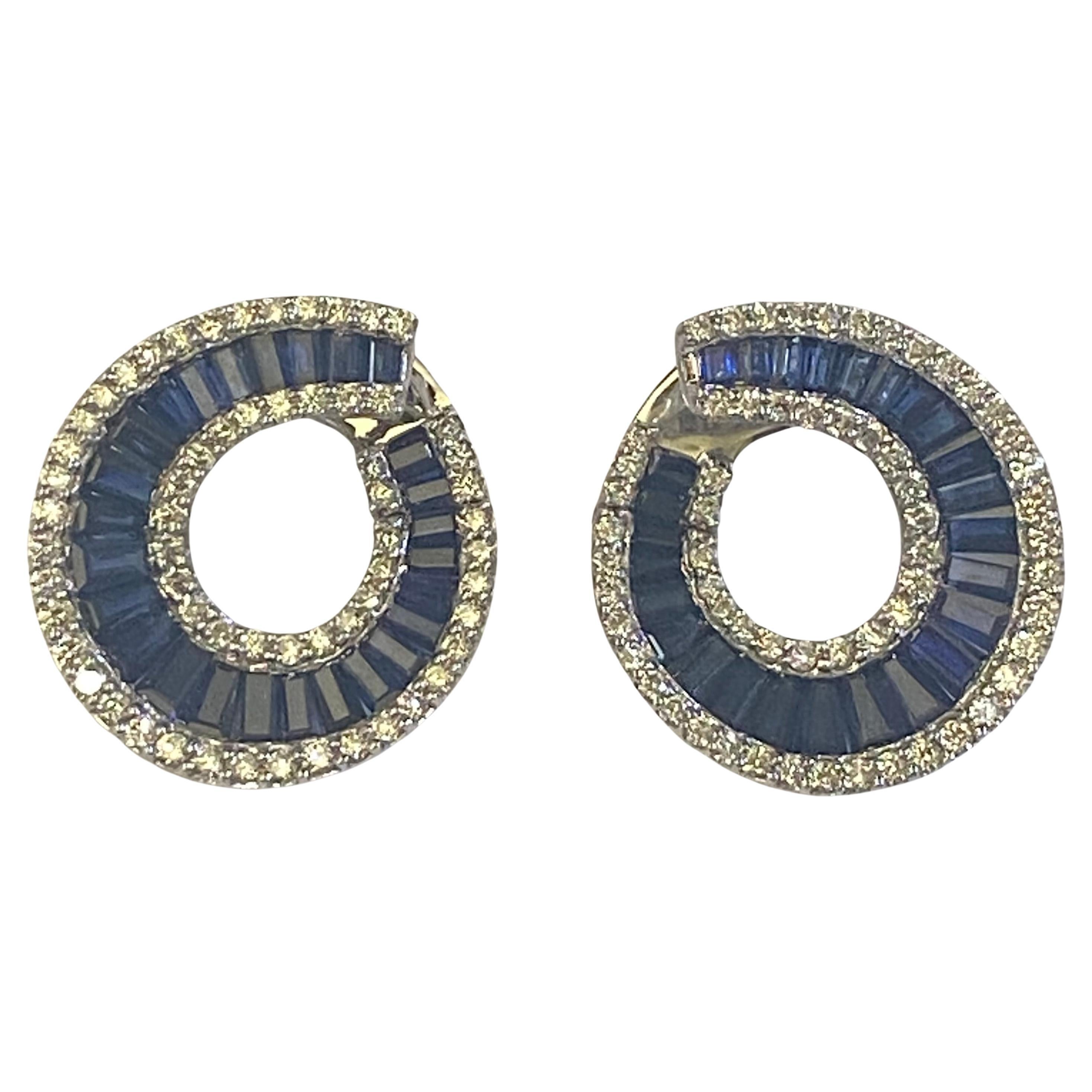 Italian Diamond and Sapphire Swirl Earrings For Sale