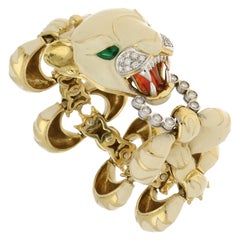 Retro Italian Diamond and White Enamel Tiger Bracelet Set in 18 Karat Yellow Gold