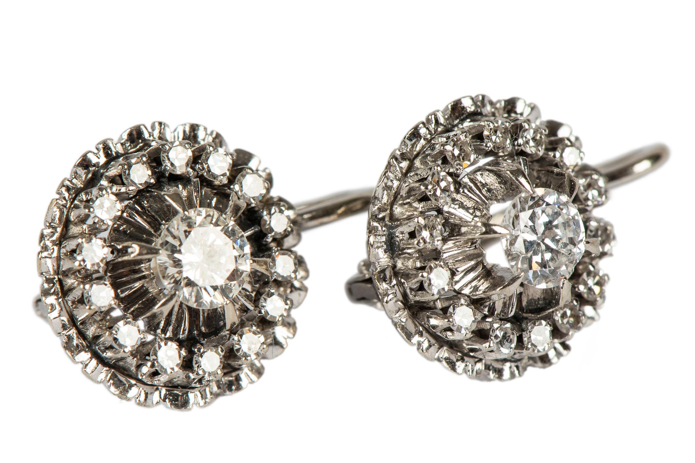 Women's Italian Diamond and White Gold Cluster Earrings, 20th Century