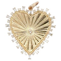 Italian Diamond Baguette Rays Heart Pendant 14 Karat Yellow Gold 0.30 Carats