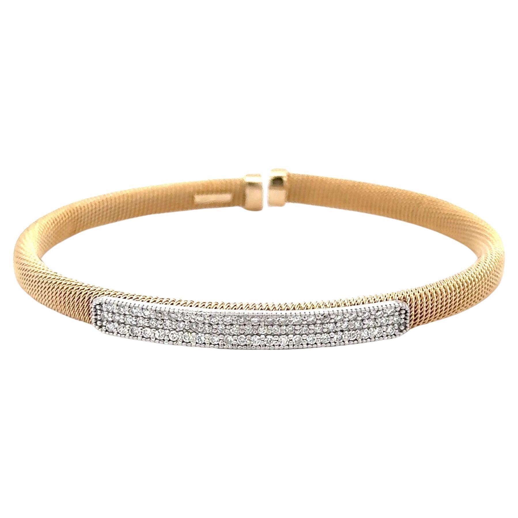 Italian Diamond Bar Woven Bangle Bracelet 0.58 Carats 14 Karat Yellow Gold For Sale