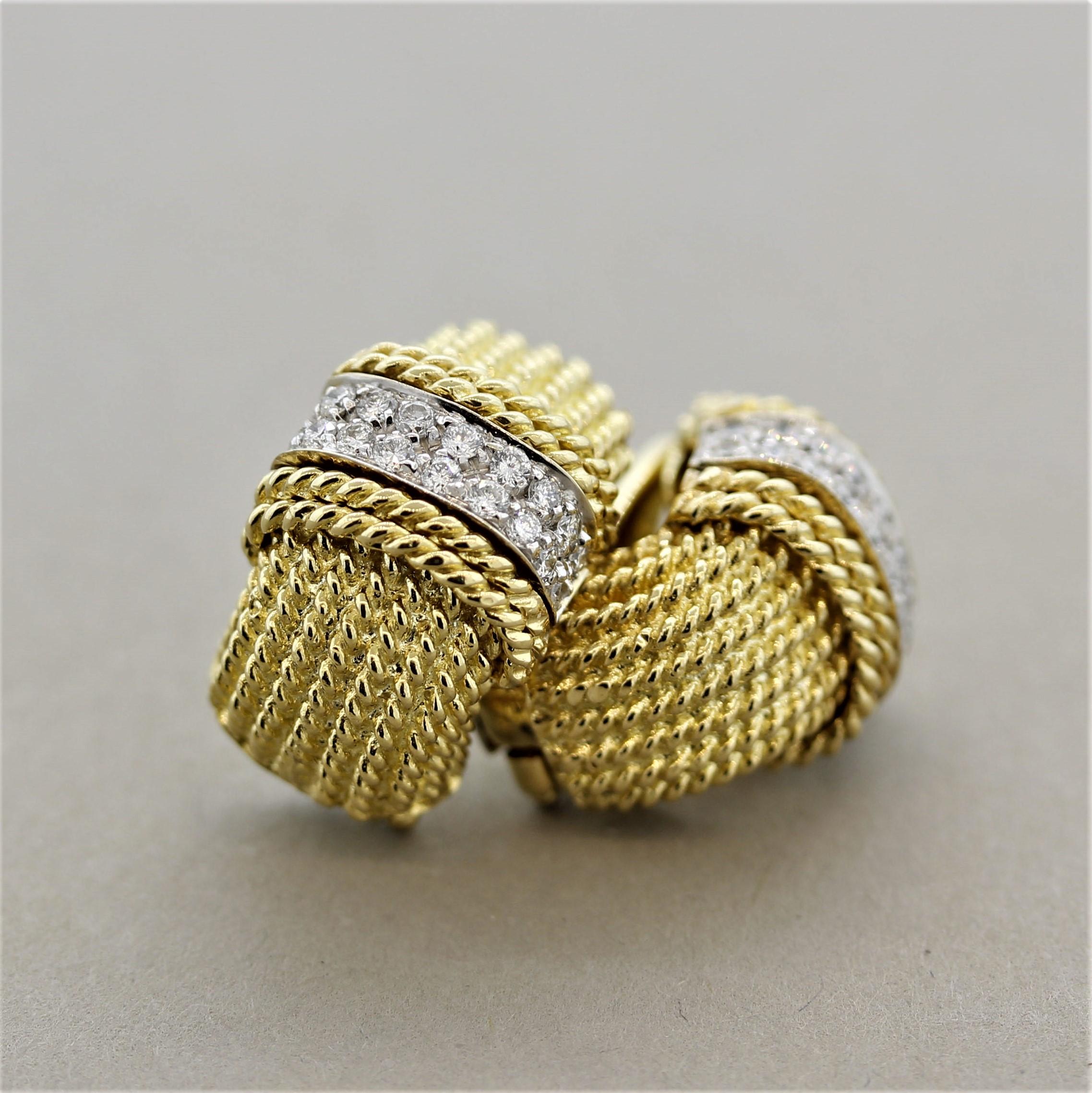 Italian Diamond Braided Gold Earrings In New Condition For Sale In Beverly Hills, CA