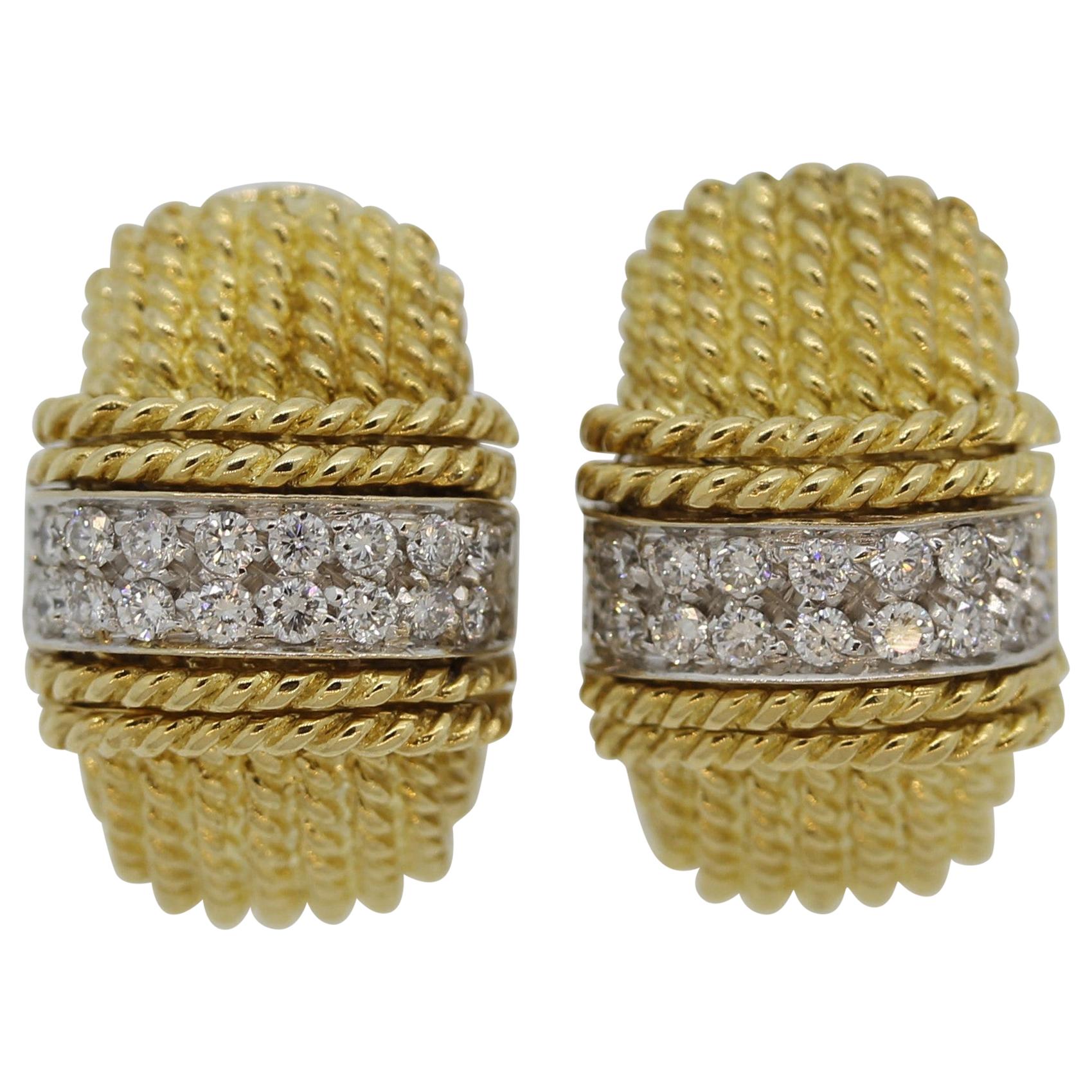 Italian Diamond Braided Gold Earrings For Sale
