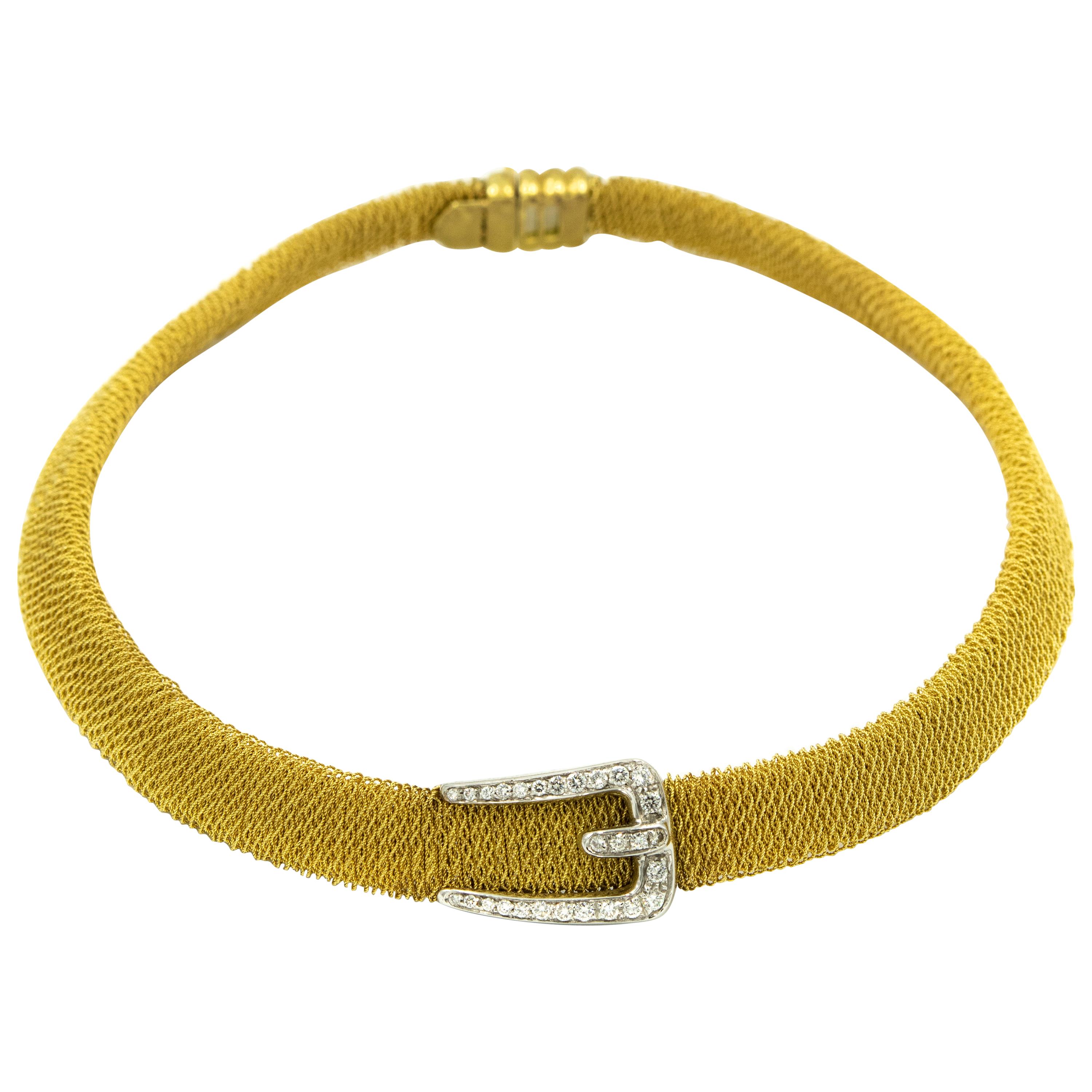 Italian Diamond Buckle Woven Mesh 18 Karat Yellow Gold Necklace