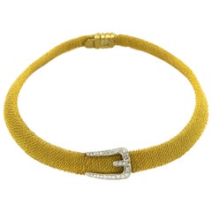 Italian Diamond Buckle Woven Mesh 18 Karat Yellow Gold Necklace